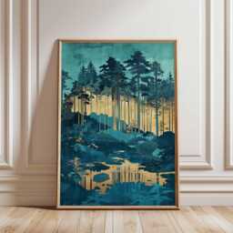 Japanese Forest Lake Poster Teal Blue Gold Asian Landscape Wall Art Pine Trees Nature Print Vertical Decor, Ink Style - thumbnail 1