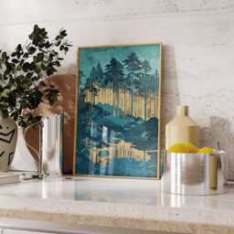 Japanese Forest Lake Poster Teal Blue Gold Asian Landscape Wall Art Pine Trees Nature Print Vertical Decor, Ink Style - thumbnail 3
