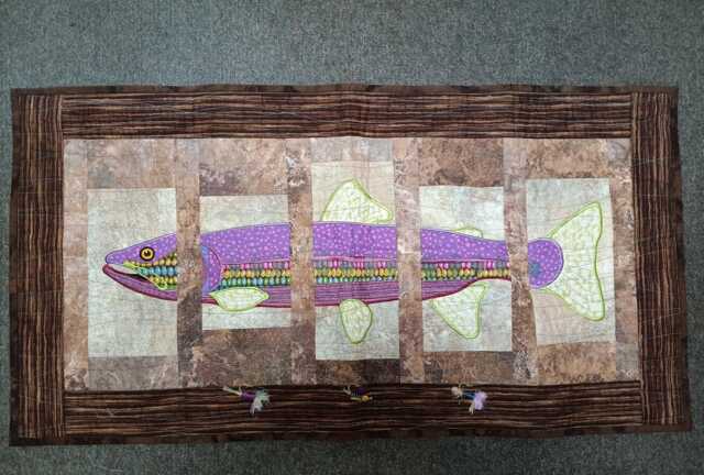 About Trout Quilted Finished Wall Hanging Or Unique Table Runner Rainbow Man Cave Fishing Room Wall Decor Outdoor Wildlife Fly - image 1