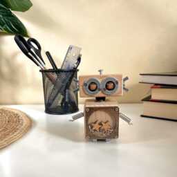 Wooden Robot Toy Steampunk Desk Decor, Geek Gift - thumbnail 1