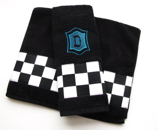 Monogrammed Black Bath Towel Checkered Racing Flag, Turquoise Embroidery - image 1
