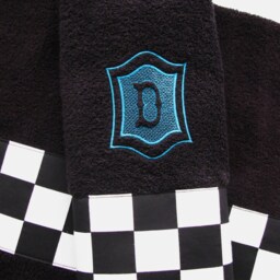 Monogrammed Black Bath Towel Checkered Racing Flag, Turquoise Embroidery - thumbnail 4