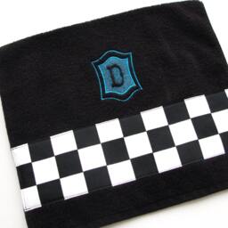 Monogrammed Black Bath Towel Checkered Racing Flag, Turquoise Embroidery - thumbnail 2