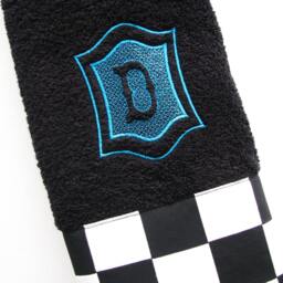 Monogrammed Black Bath Towel Checkered Racing Flag, Turquoise Embroidery - thumbnail 3