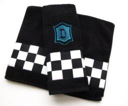 Monogrammed Black Bath Towel Checkered Racing Flag, Turquoise Embroidery