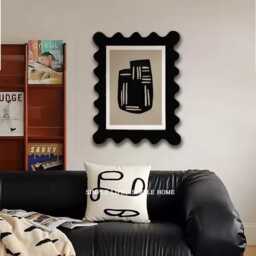 Wavy Frame Abstract Art Painting - Modern Geometric Scalloped Black Pine Wood - thumbnail 1
