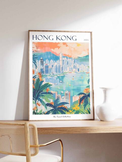 Hong Kong Travel Poster Victoria Harbour, Asian Decor - image 1