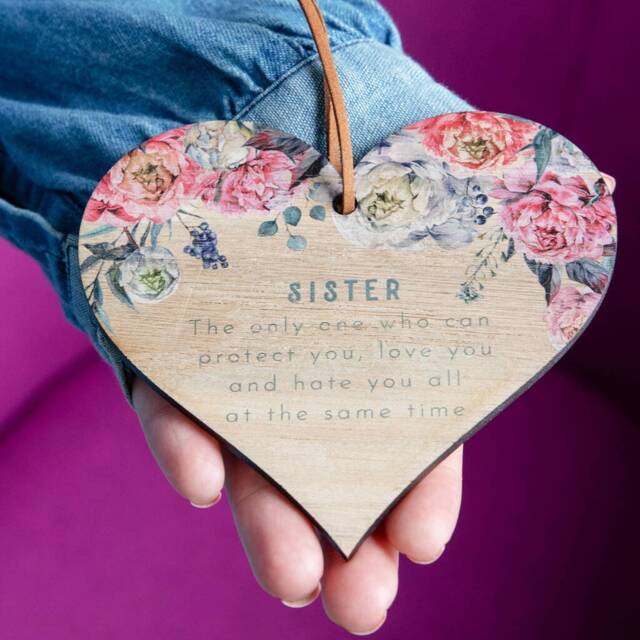 Pink Peony Sister Oak Wood Mini Heart Wall Hanging - Keepsake Token - image 1