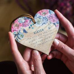 Pink Peony Sister Oak Wood Mini Heart Wall Hanging - Keepsake Token - thumbnail 3