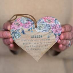 Pink Peony Sister Oak Wood Mini Heart Wall Hanging - Keepsake Token - thumbnail 4