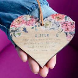 Pink Peony Sister Oak Wood Mini Heart Wall Hanging - Keepsake Token