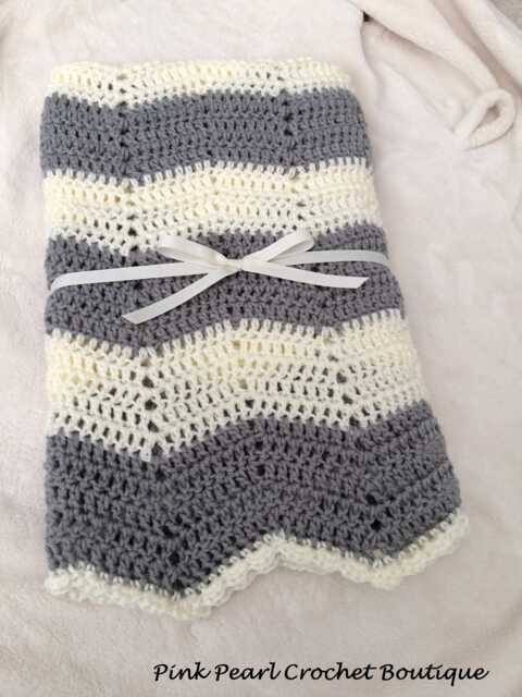 Crochet Gray Baby Blanket - Ripple Afghan For Chevron Grey & Cream Nursery Shower Gift