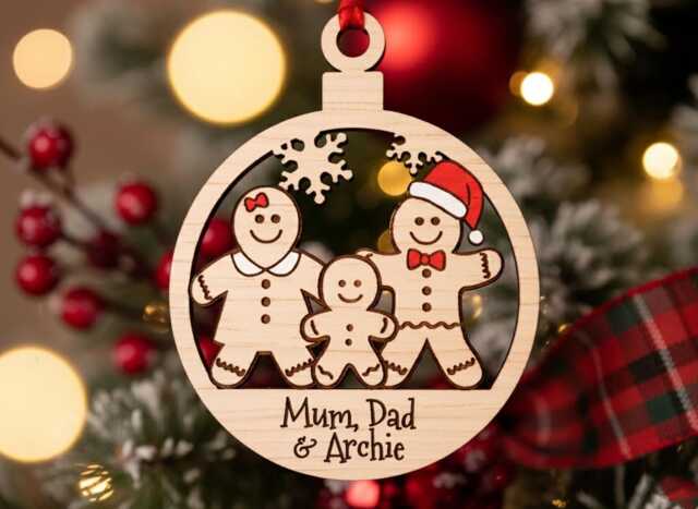 Family Christmas Tree Decoration, Personalised Gingerbread Oak Engraved Xmas Bauble - image 1