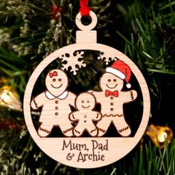 Family Christmas Tree Decoration, Personalised Gingerbread Oak Engraved Xmas Bauble - thumbnail 3