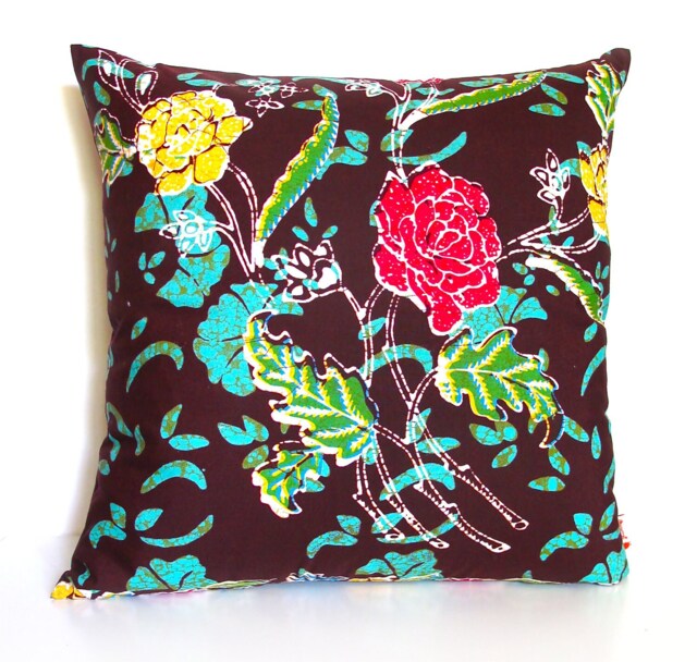 Floral Batik Pillow Cover Brown & Green Cotton, 16-Inch Square - image 1
