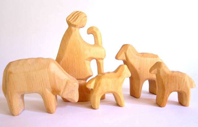 The Good Shepherd, Wooden Shepherd With Sheep & Lambs, Woodcarving - image 1