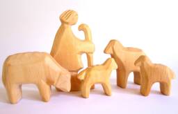 The Good Shepherd, Wooden Shepherd With Sheep & Lambs, Woodcarving - thumbnail 1