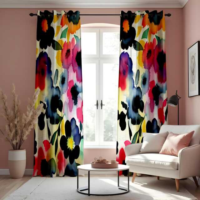 Vibrant Floral Watercolor Curtain, Abstract Drape, Bright & Bold Window Treatment, Custom Size Available, Made To Order - image 1