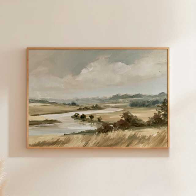 River Meadow Poster, Neutral Landscape Print, Country Wall Art, Paper - image 1