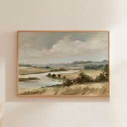 River Meadow Poster, Neutral Landscape Print, Country Wall Art, Paper - thumbnail 1