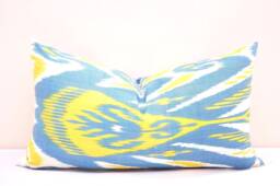 Blue & Yellow Ikat Pillow Cover, Handloom Woven, Accent Cushion - thumbnail 1