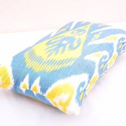 Blue & Yellow Ikat Pillow Cover, Handloom Woven, Accent Cushion - thumbnail 2