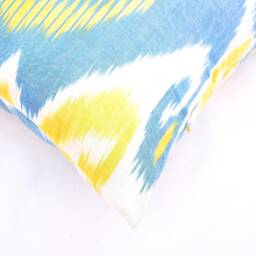 Blue & Yellow Ikat Pillow Cover, Handloom Woven, Accent Cushion - thumbnail 3