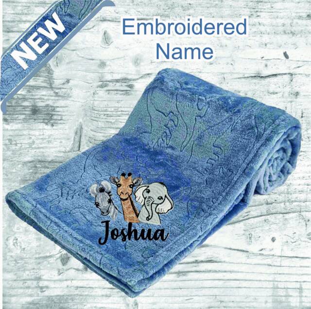 Personalised Embroidered Baby Blankets 100cm Super Soft 2 Safari Dinosaur Embossed Flannel Wrap