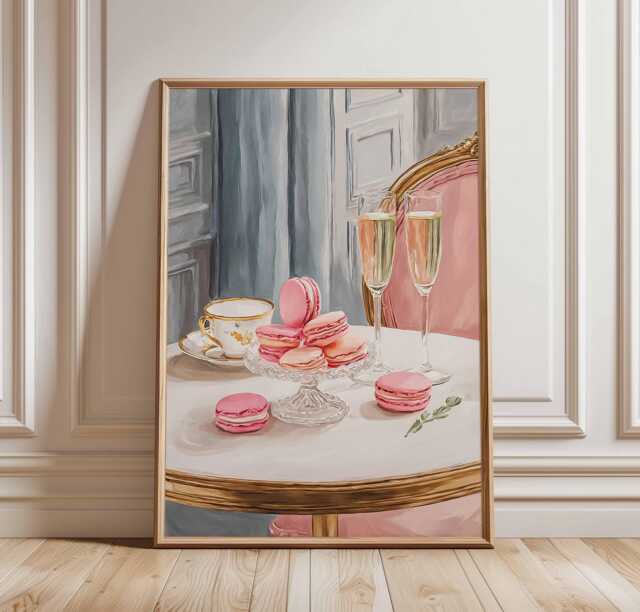 Paris Cafe Macaron Poster, French Dessert Wall Art, Champagne Print, Elegant Patisserie Decor, Feminine Kitchen Or Dining Room Art - image 1