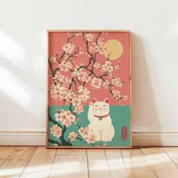 Japanese Lucky Cat Print, Maneki-Neko Wall Art, Cherry Blossom Poster, Asian Zen Decor, Unique New Home Gift - thumbnail 1