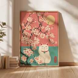 Japanese Lucky Cat Print, Maneki-Neko Wall Art, Cherry Blossom Poster, Asian Zen Decor, Unique New Home Gift - thumbnail 3