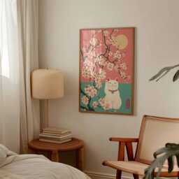 Japanese Lucky Cat Print, Maneki-Neko Wall Art, Cherry Blossom Poster, Asian Zen Decor, Unique New Home Gift - thumbnail 2