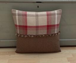 Balmoral Extra Large Tartan Plaid Throw Pillow Cover Cranberry Red Tweed With Pompoms - thumbnail 1