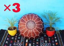 Set Of 3 Handmade Moroccan Leather Poufs, Tan Boho Ottoman Floor Cushions