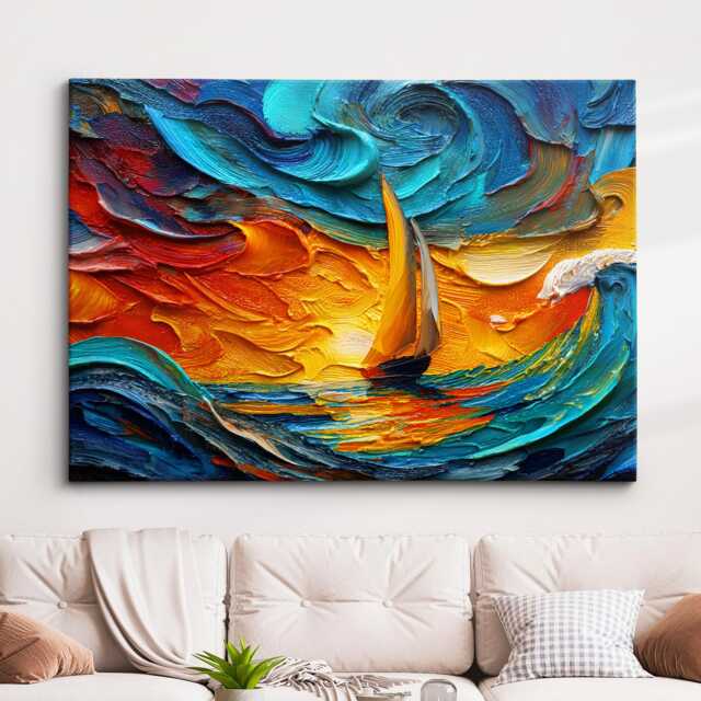 Beach Waves Boat Palette Painting Abstract Oil Wall Art, Framed Canvas Poster Print, Home/Office Room Decor Gifts - image 1