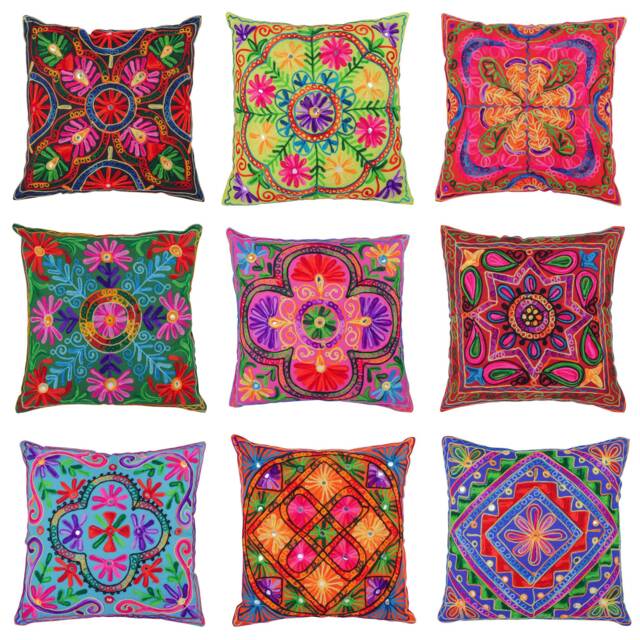 "Indian Cushion Covers Suzani Embroidered Mirrors Boho Case Takiya 40x40 cm 16""x16" - image 1