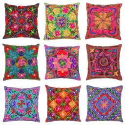 "Indian Cushion Covers Suzani Embroidered Mirrors Boho Case Takiya 40x40 cm 16""x16" - thumbnail 1