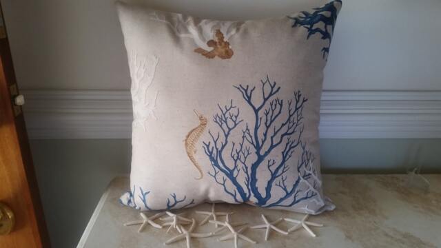 Beach House Coral Sea Fan & Horse Linen Throw Pillow Or Cover - Red Blue - image 1