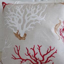 Beach House Coral Sea Fan & Horse Linen Throw Pillow Or Cover - Red Blue - thumbnail 3