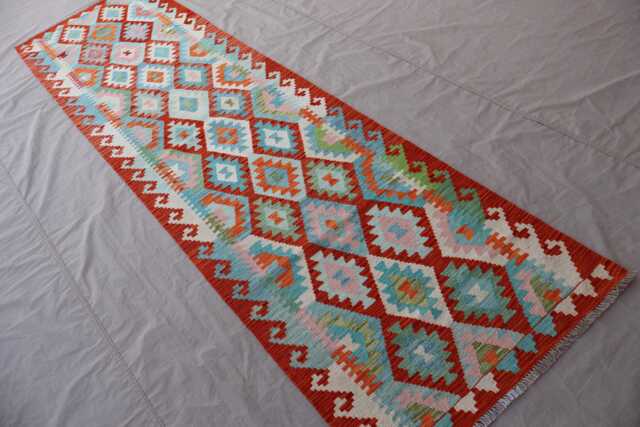 10 Ft Geometric Kilim Rug, Muted Colors Veg Dyes Wool Handmade Afghan Flatweave Modern Runner Rug, Hallway Rug - image 1