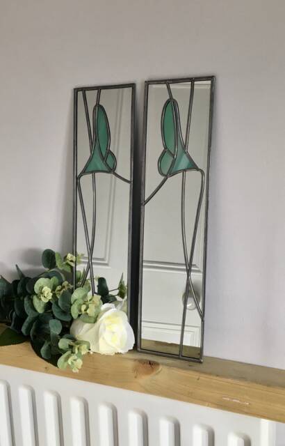 Mirror Pair Lily in Duck Egg Rennie Mackintosh Style Stained Glass Catfish Glass Art Nouveau 10x40cm - image 1