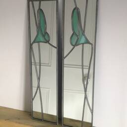 Mirror Pair Lily in Duck Egg Rennie Mackintosh Style Stained Glass Catfish Glass Art Nouveau 10x40cm - thumbnail 2