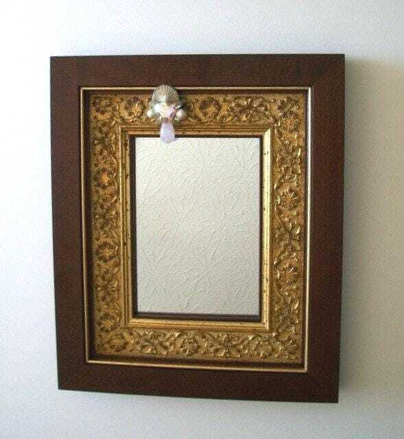 Ornate Gold & Walnut Framed Mirror With Vintage Crystal & Stone Pin - image 1
