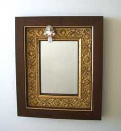 Ornate Gold & Walnut Framed Mirror With Vintage Crystal & Stone Pin - thumbnail 1