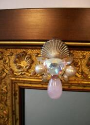Ornate Gold & Walnut Framed Mirror With Vintage Crystal & Stone Pin - thumbnail 3