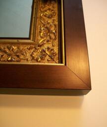 Ornate Gold & Walnut Framed Mirror With Vintage Crystal & Stone Pin - thumbnail 2