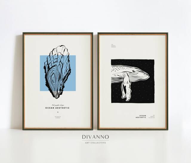 Minimalist Ocean Set Of 2 Prints, Eclectic Gallery Wall Art, Nautical Decor, Aesthetic Collection, Marine Animal Posters, Sea Fish Printable - image 1