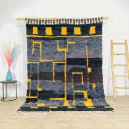 Dark Gray Yellow Geometric Moroccan Rug, Modern Abstract Block Berber Wool Carpet, Contemporary Decor, Custom Large Area Shag
