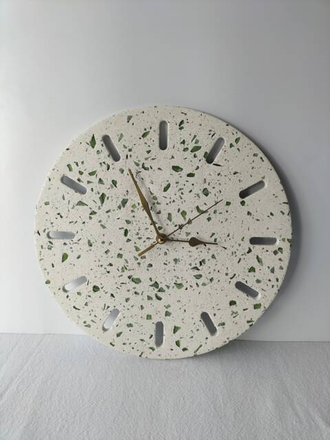 Handmade Terrazzo Wall Clock Green Recycled Glass, Silent Clock - image 1