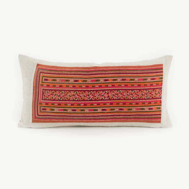 Handwoven Hmong Lumbar Pillow Cover Tribal Embroidered Textile, Hemp Back - image 1